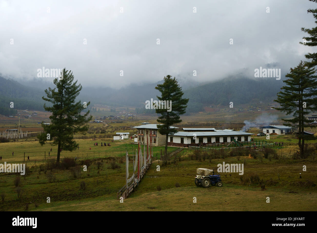 Elementary school of Phobjikha valley, Bhutan Stock Photo