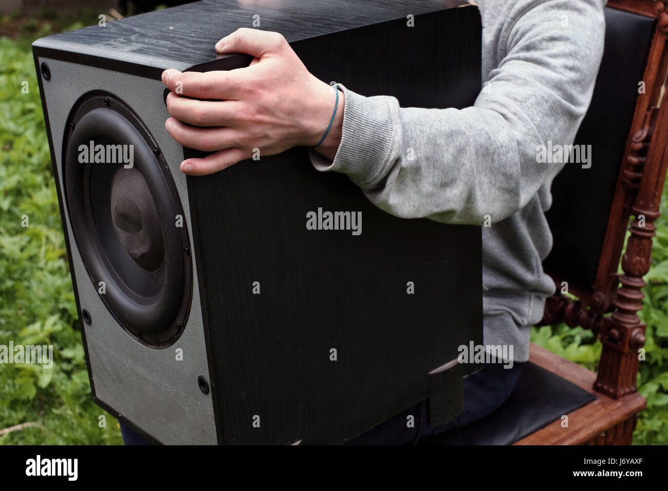 Man With Subwoofer Stock Photo