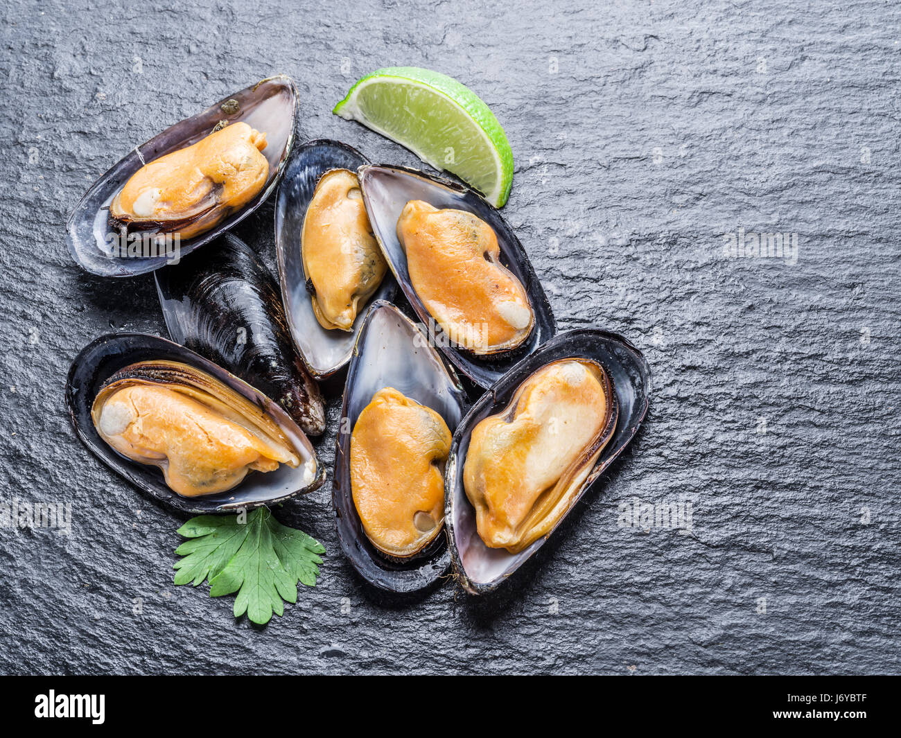 Boiled mussels on the graphite background. Stock Photo