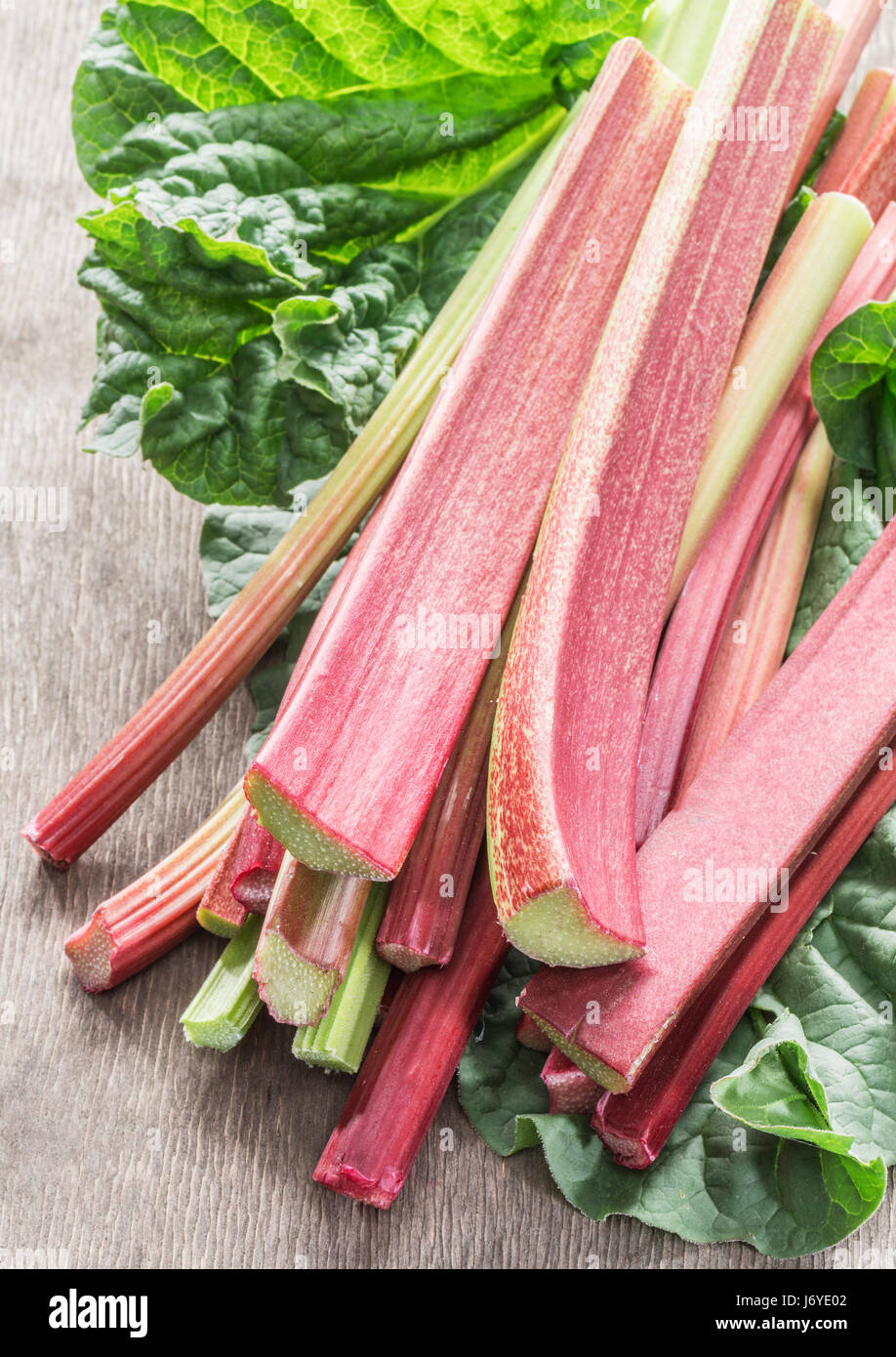 Edible rhubarb stalks on the wooden table. Stock Photo
