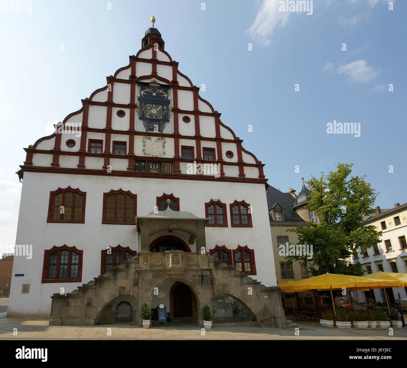 tourism sightseeing town hall saxony stairs old town frame-work sun dial city Stock Photo