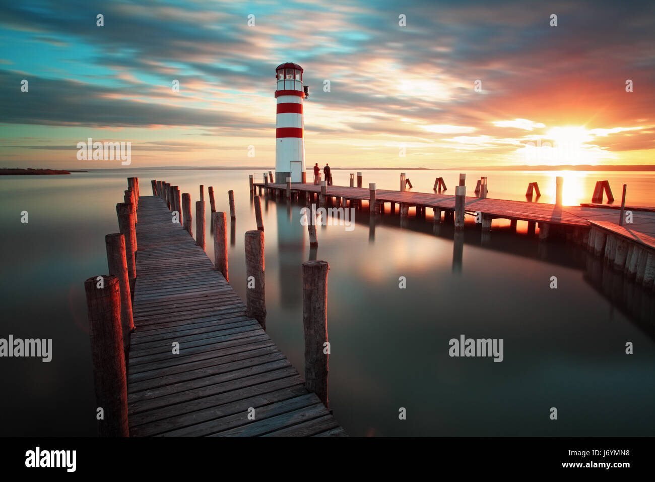 Lighthouse at Lake Neusiedl at sunset Stock Photo Alamy