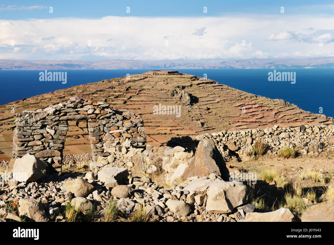 Peru, Amantani island on the Titicaca lake, the largest highaltitude lake in the world (3808m). This  picture presents ancient inca ruins Stock Photo