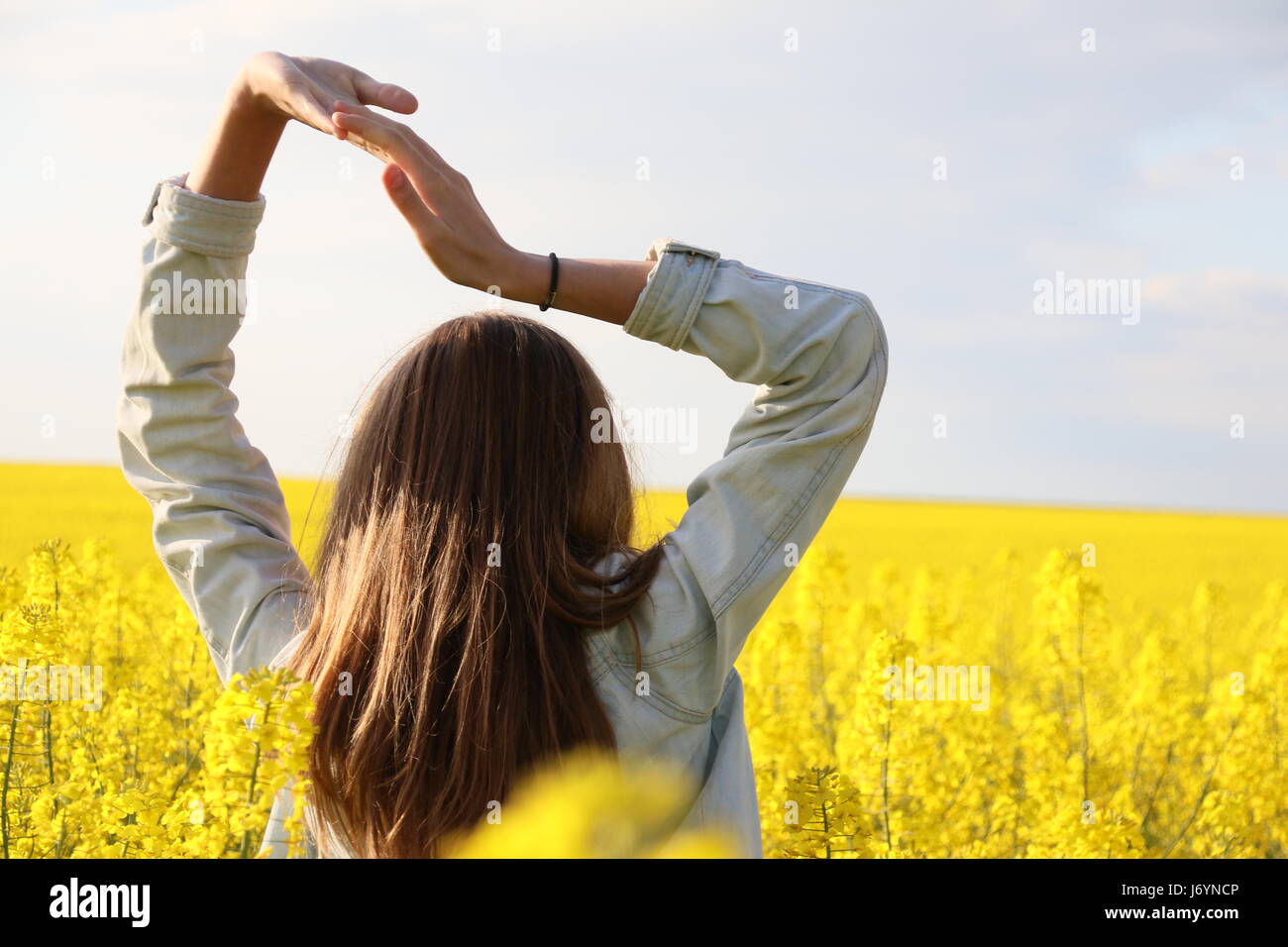 Girl standing in field with her arms above her head, Niort, France Stock Photo
