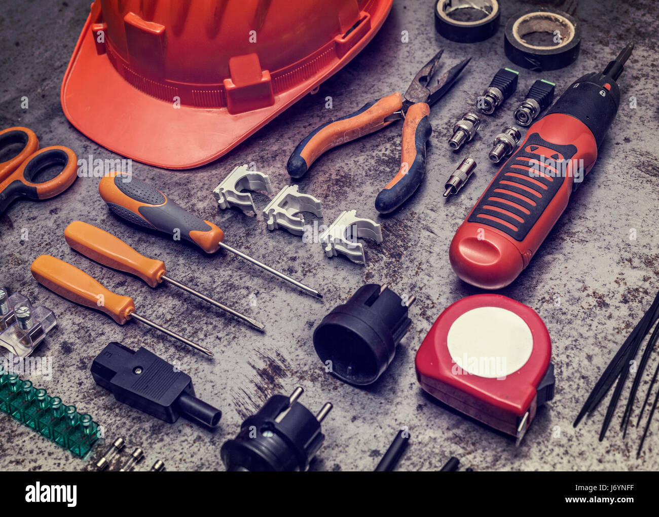 electrician tools on metal background Stock Photo