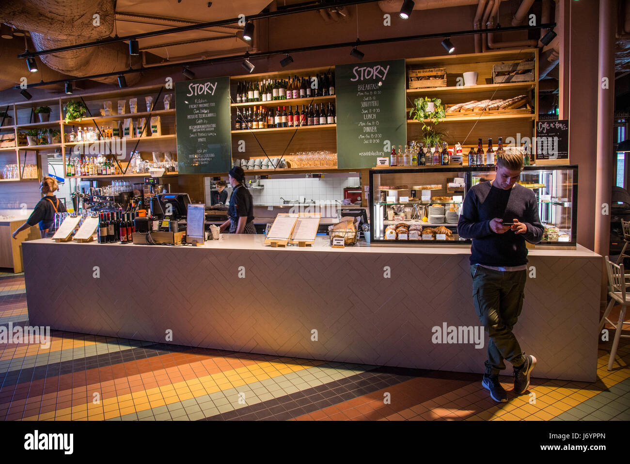 The new restaurant concept on the 5th floor in Kamppi shopping center . Area is called Kortteli (Block), which includes 11 restaurants with different cuisines. The Kamppi in the center of Helsinki. Stock Photo
