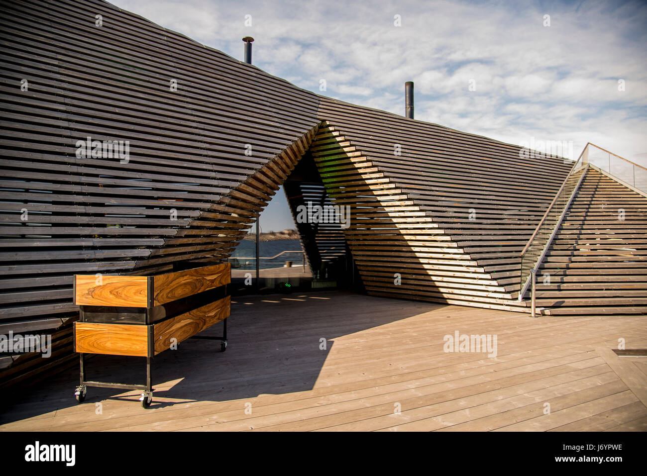 Löyly is a restaurant and sauna on the Helsinki waterfront with a very  special architecture from the firm Avanto. Löyly is the Finnish word for  the steam that envelopes you when water
