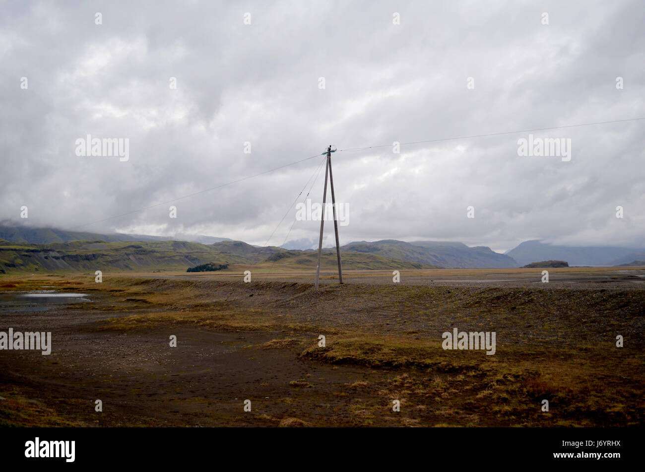 Power line in rural landscape, Iceland Stock Photo
