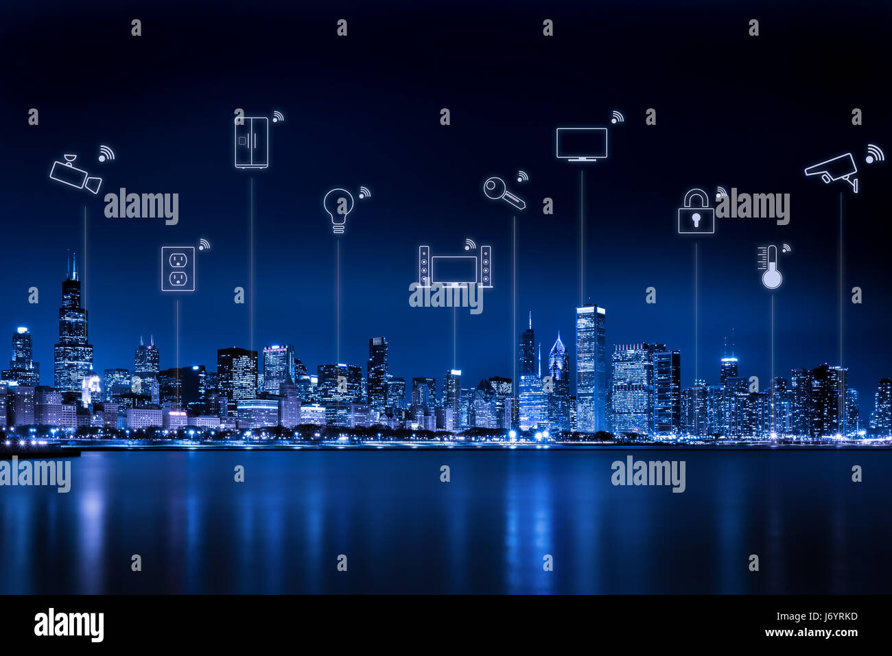 Chicago city skyline with internet of things Stock Photo