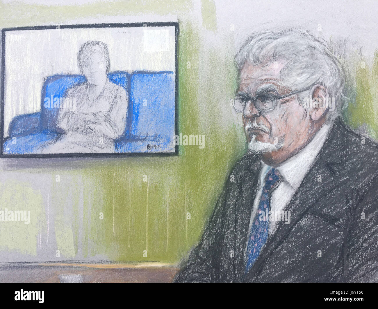 Court artist sketch by Elizabeth Cook of Rolf Harris, 87, in the dock at Southwark Crown Court in London, where an alleged victim appeared by via video link. Stock Photo