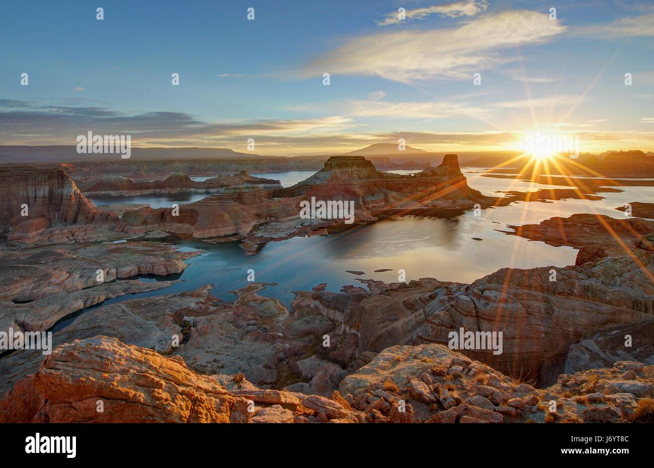 Sunrise at Alstrom Point Over Gunsight Bay, Lake Powell, Utah, United States Stock Photo
