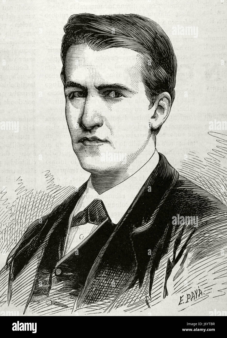 Thomas Alva Edison(1847-1931). American inventor and businessman. Portrait. Engraving by E. Paya. 'La Academia', 1878. Stock Photo