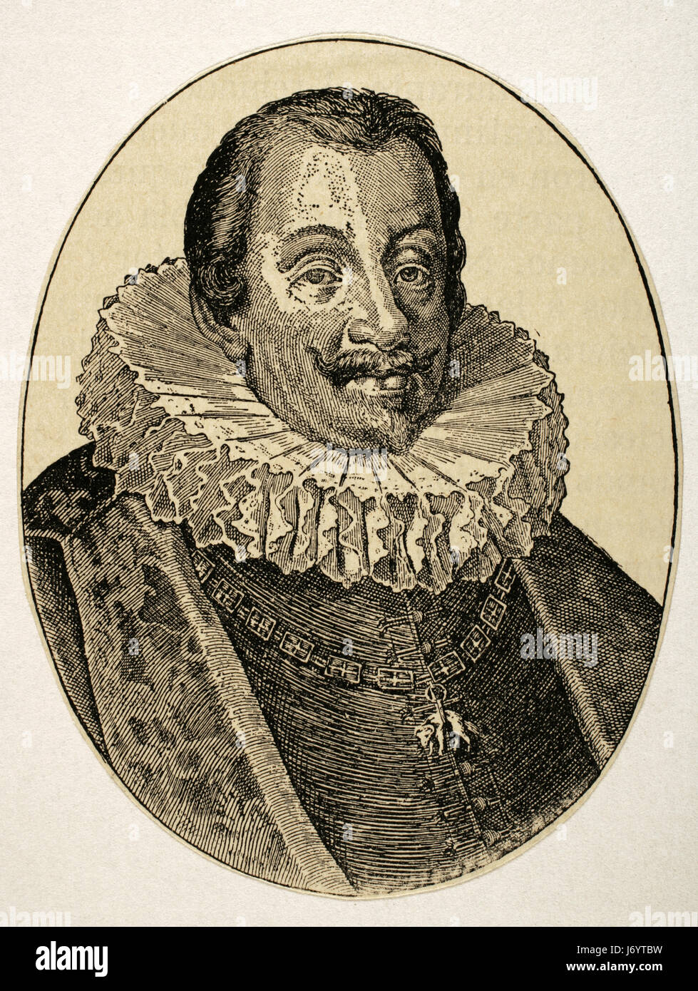 Holy Roman Emperor (1619-1637), King of Bohemia (1617-1619, 1620-1637), and King of Hungary (1618-1625). Portrait. Engraving by C. Dank.