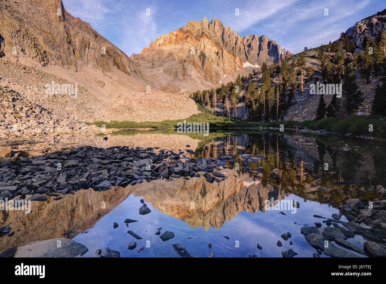 Split Mountain Reflected in Red Lake, Inyo National Forest, California, United States Stock Photo