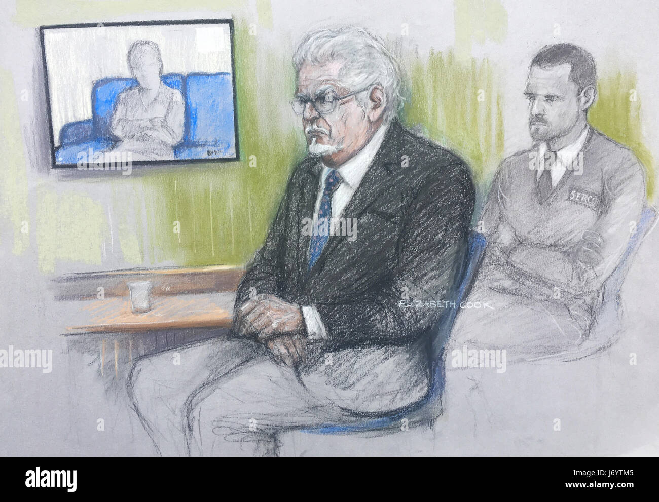 Court artist sketch by Elizabeth Cook of Rolf Harris, 87, in the dock at Southwark Crown Court in London, where an alleged victim appeared by via video link. Stock Photo