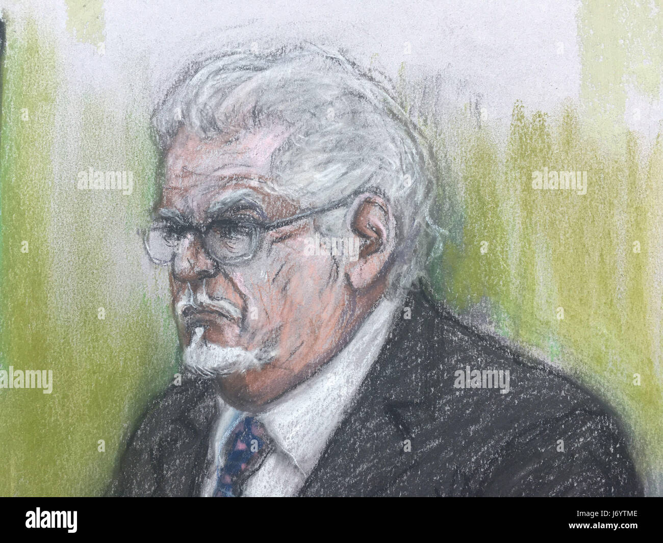 Court artist sketch by Elizabeth Cook of Rolf Harris, 87, in the dock at Southwark Crown Court in London, where he denies four counts of indecent assault relating to three teenagers who allege he molested them in the 1970s and 1980s. Stock Photo