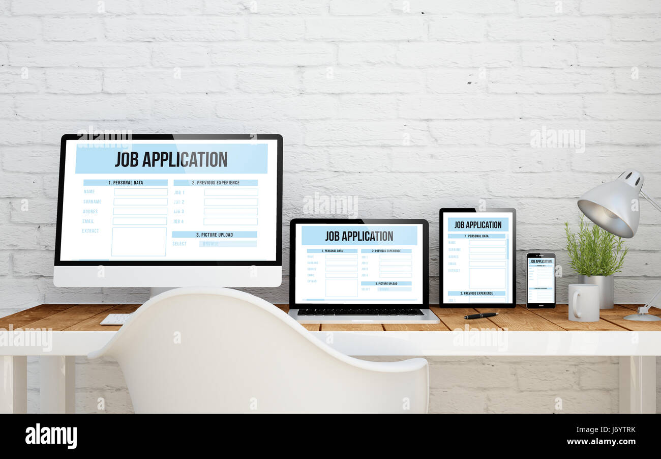 multidevice desktop with job application on screens. 3d rendering. Stock Photo