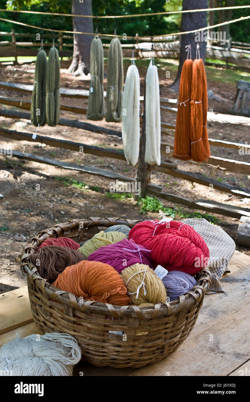 Dyed yarn drying at Old Sturbridge Village Stock Photo