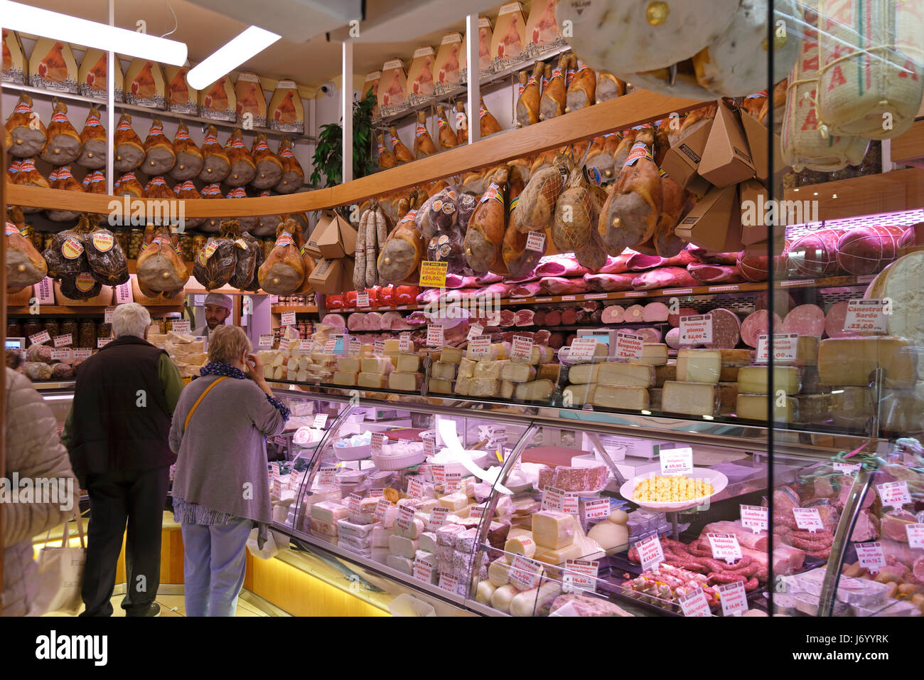Cured meats and Parmesan cheese shop, Via Pescherie Vecchie, street of the Old Fish Mongers, Bologna, Emilia-Romagna, Italy, Europe. Stock Photo