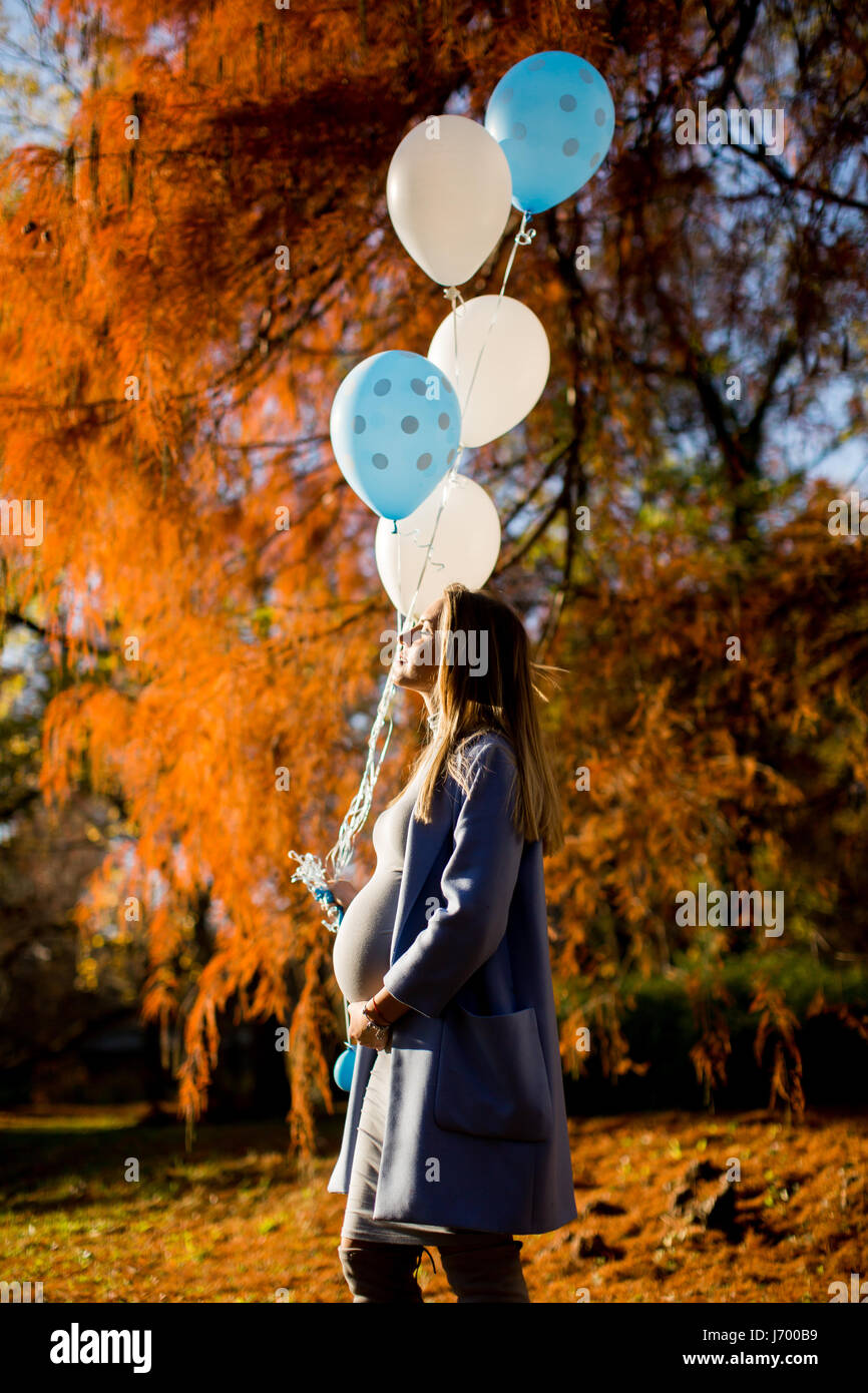 Young pregnant woman walks in autumn park with balloons in hand Stock ...
