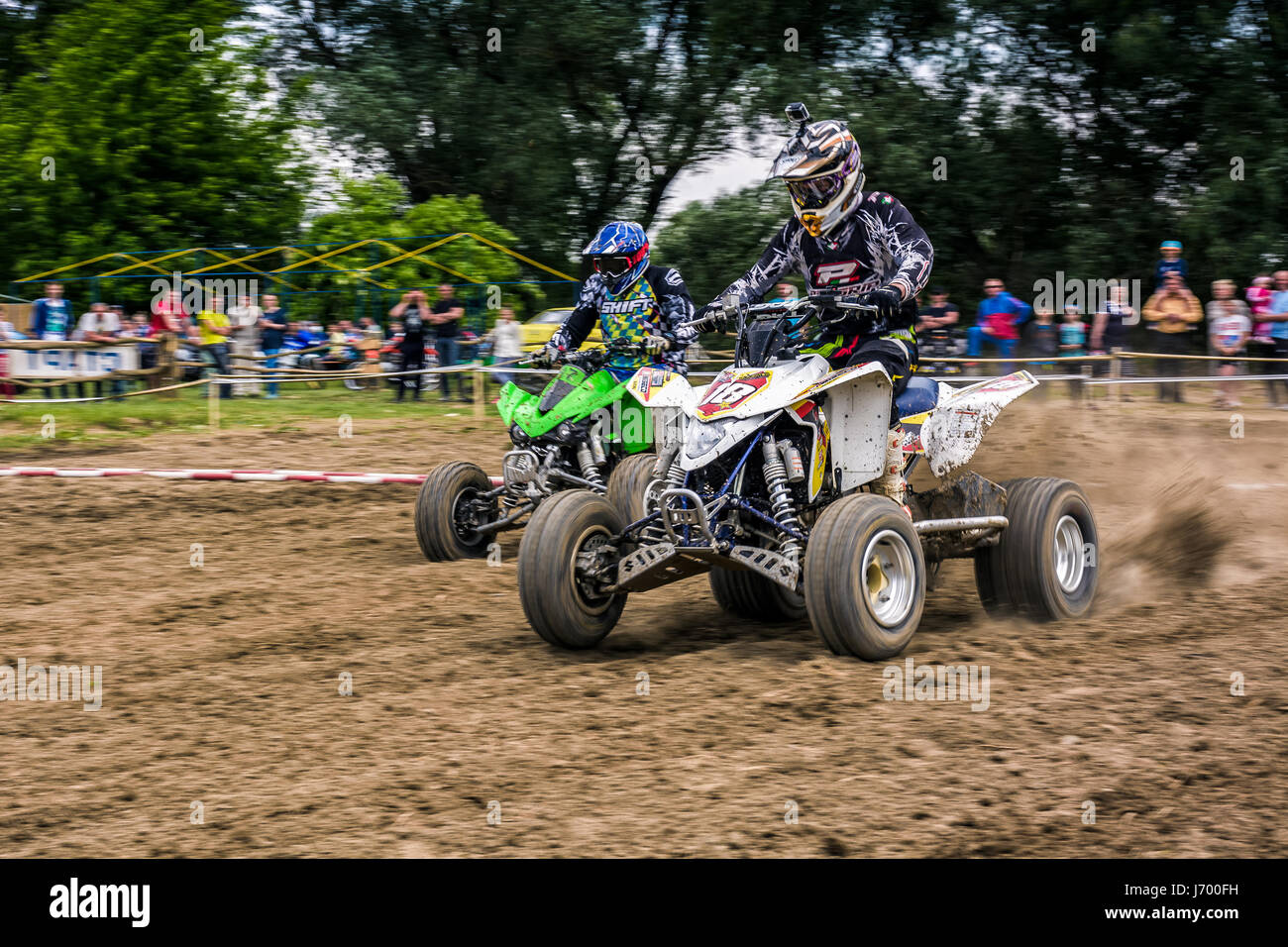 Uzhgorod, Ukraine - May 21, 2017: ATV Rider on start in the action. TransCarpathian regional Motocross Championship Stock Photo