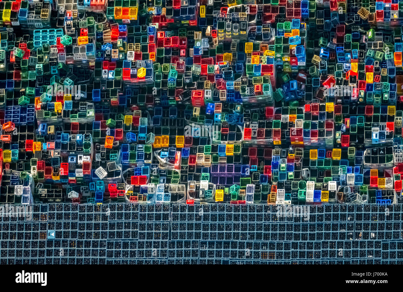 Colorful drink crates, empties, beer boxes like LEGO bricks, drinking hamm, drinks logistics, Hamm, Ruhr area, North Rhine-Westphalia, Germany ,bunte  Stock Photo