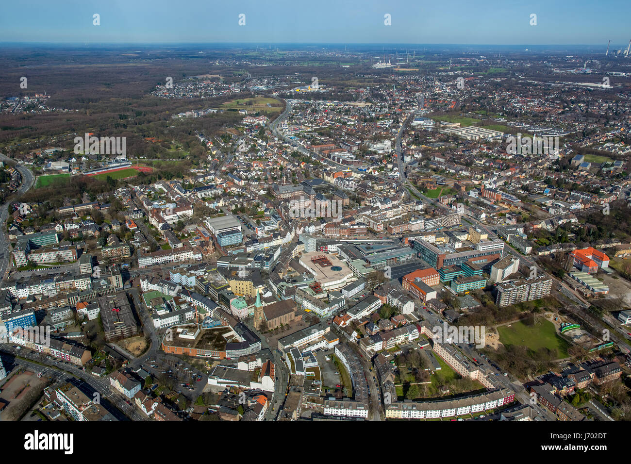 Overview of Bottrop Center, downtown with Propsteikirche St. Cyriakus, Berliner Platz, Hansa-Zentrum, Bottrop, Ruhr area, North Rhine-Westphalia, Germ Stock Photo