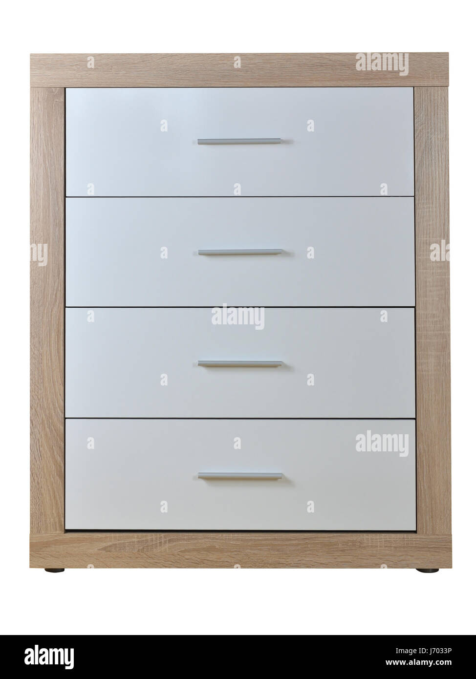 Chest of four drawers made of wooden materials isolated on white Stock