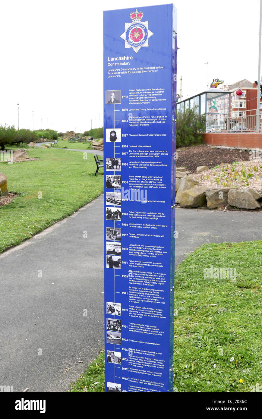 Plaque in Jubilee Gardens,Blackpool,showing chronological history of Lancashire Constabulary Stock Photo