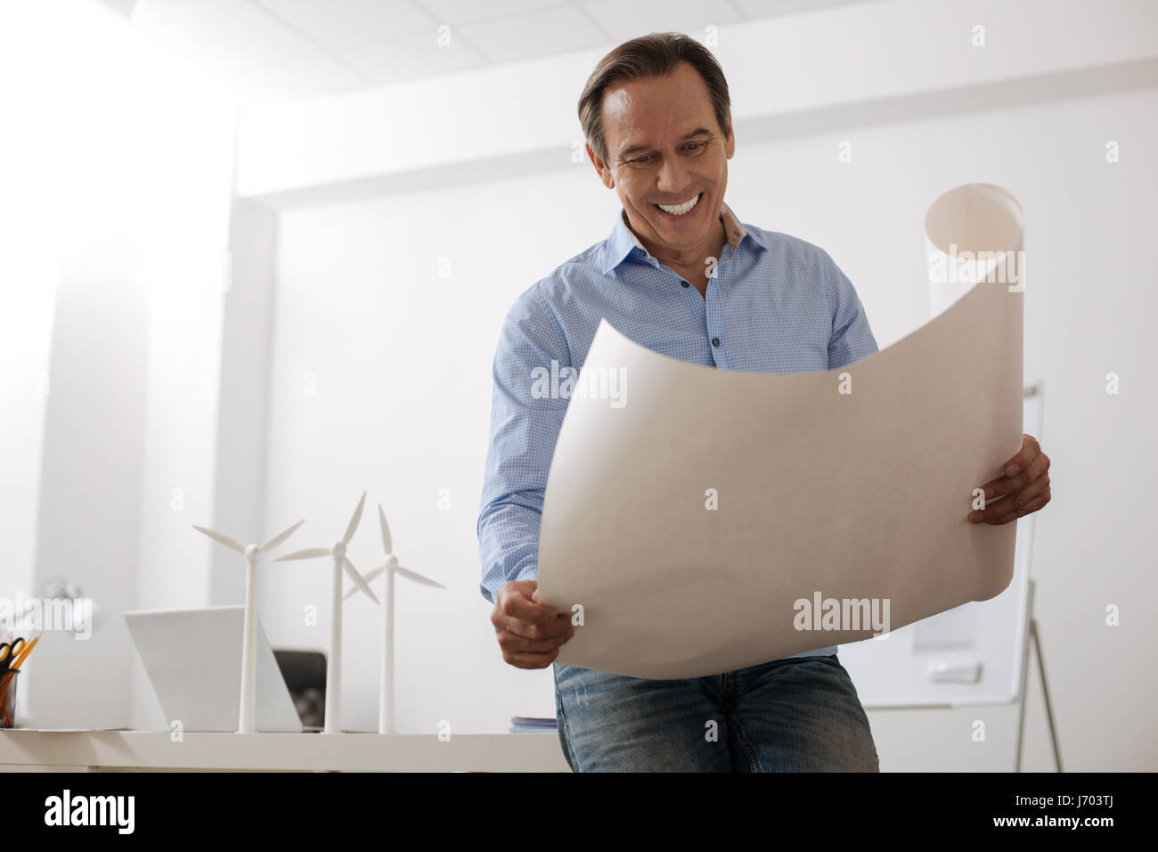 Cheerful engineer working with the blueprint Stock Photo - Alamy