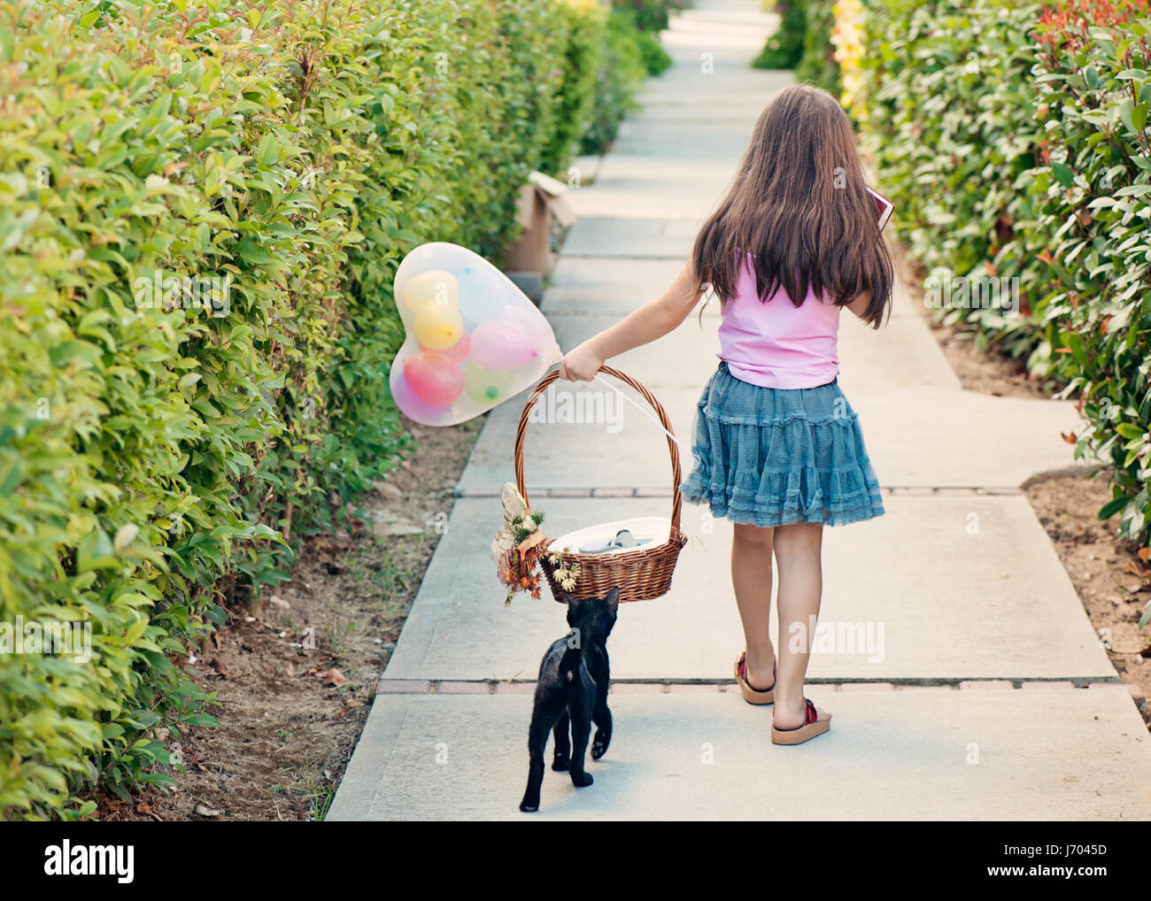 Little girl with cat walking Stock Photo