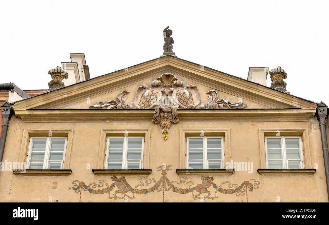 Beautiful ancient house facade closeup in Warsaw Old Town, Poland. Stock Photo