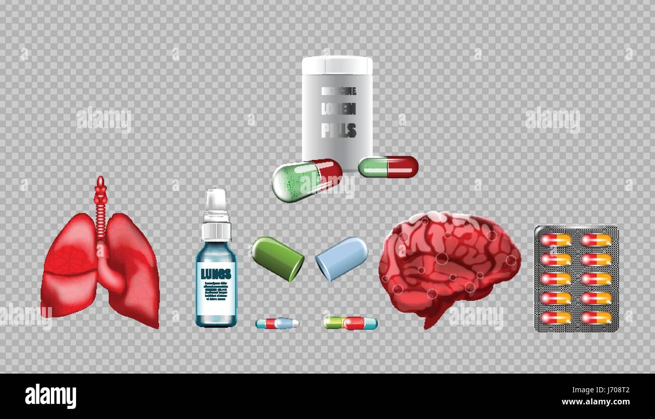 Digital vector red medicine lungs structure and brain infographics of respiratory healthcare mockup and pills container, with your brand, ads or magaz Stock Vector