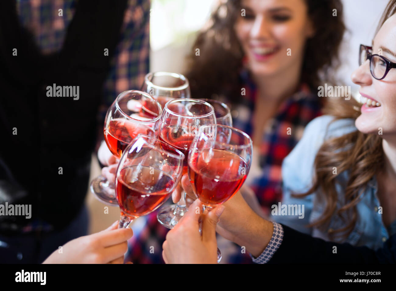 Wine tasting event by happy people concept Stock Photo