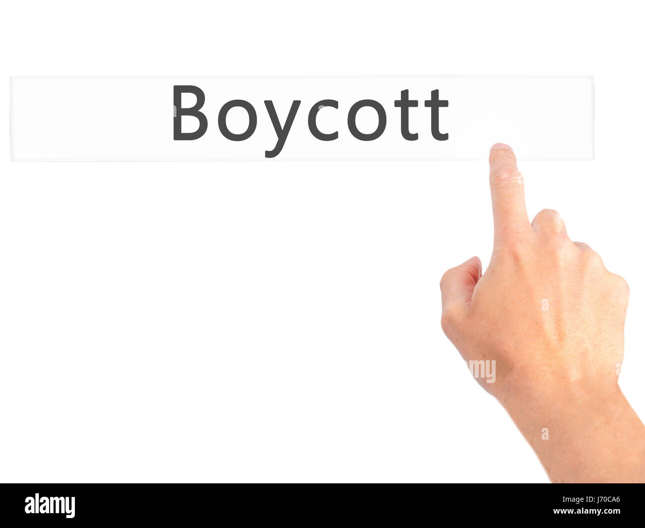 Boycott Hand pressing a button on blurred background concept