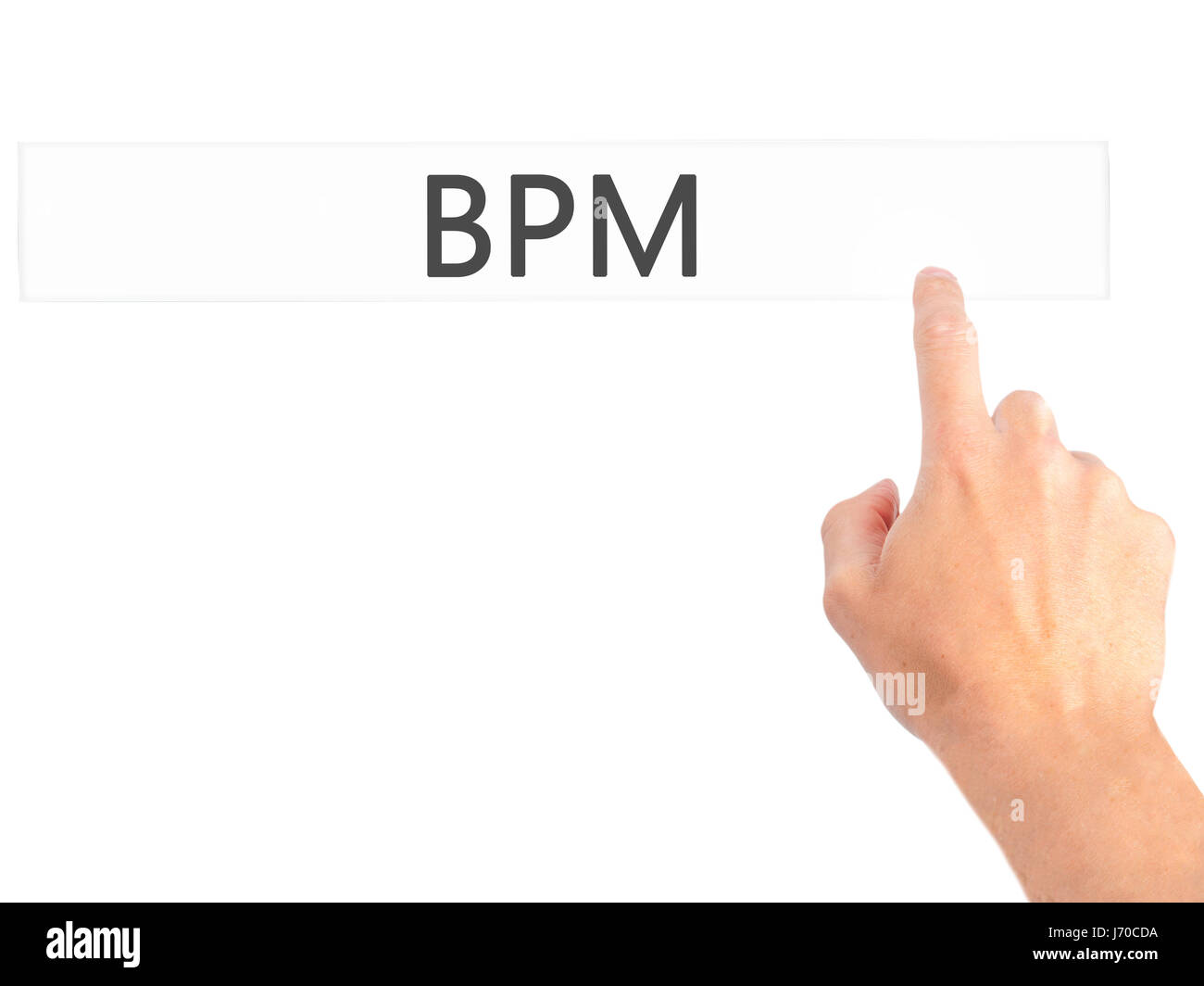 BPM (Business Process Management) - Hand pressing a button on blurred ...