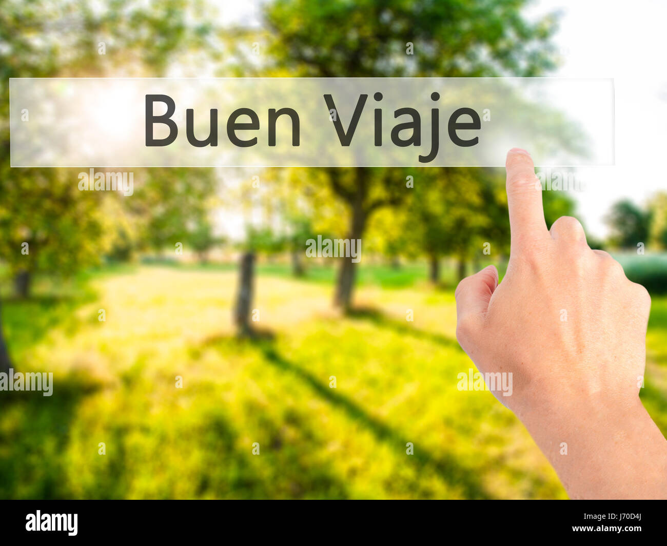 Buen Viaje (Good Trip in Spanish) - Hand pressing a button on blurred background concept . Business, technology, internet concept. Stock Photo Stock Photo