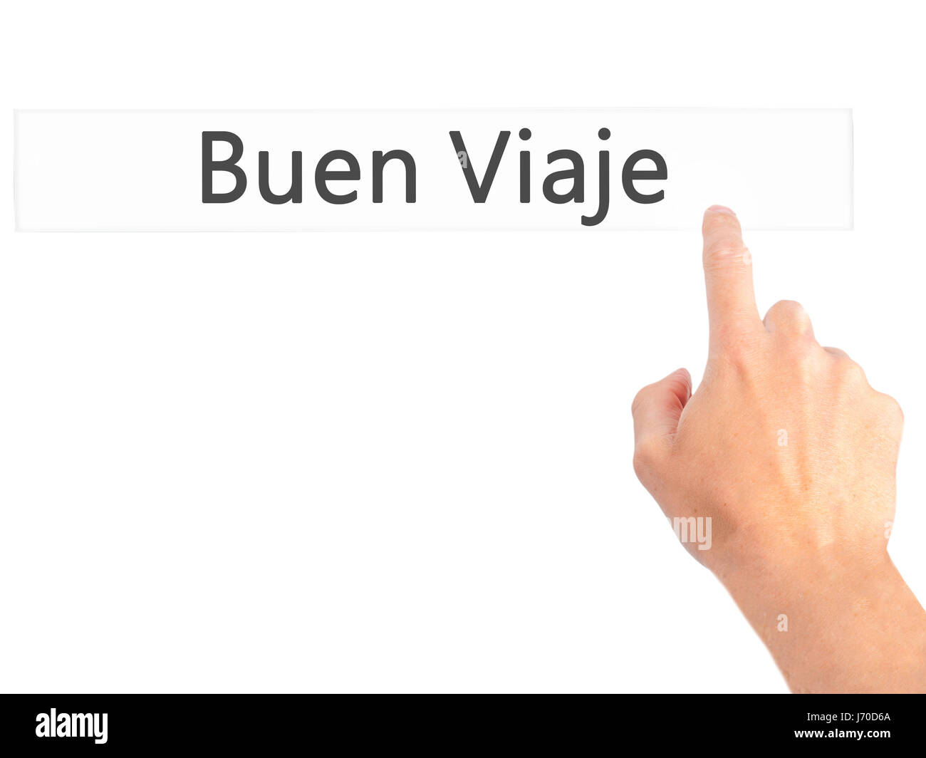 Buen Viaje (Good Trip in Spanish) - Hand pressing a button on blurred background concept . Business, technology, internet concept. Stock Photo Stock Photo