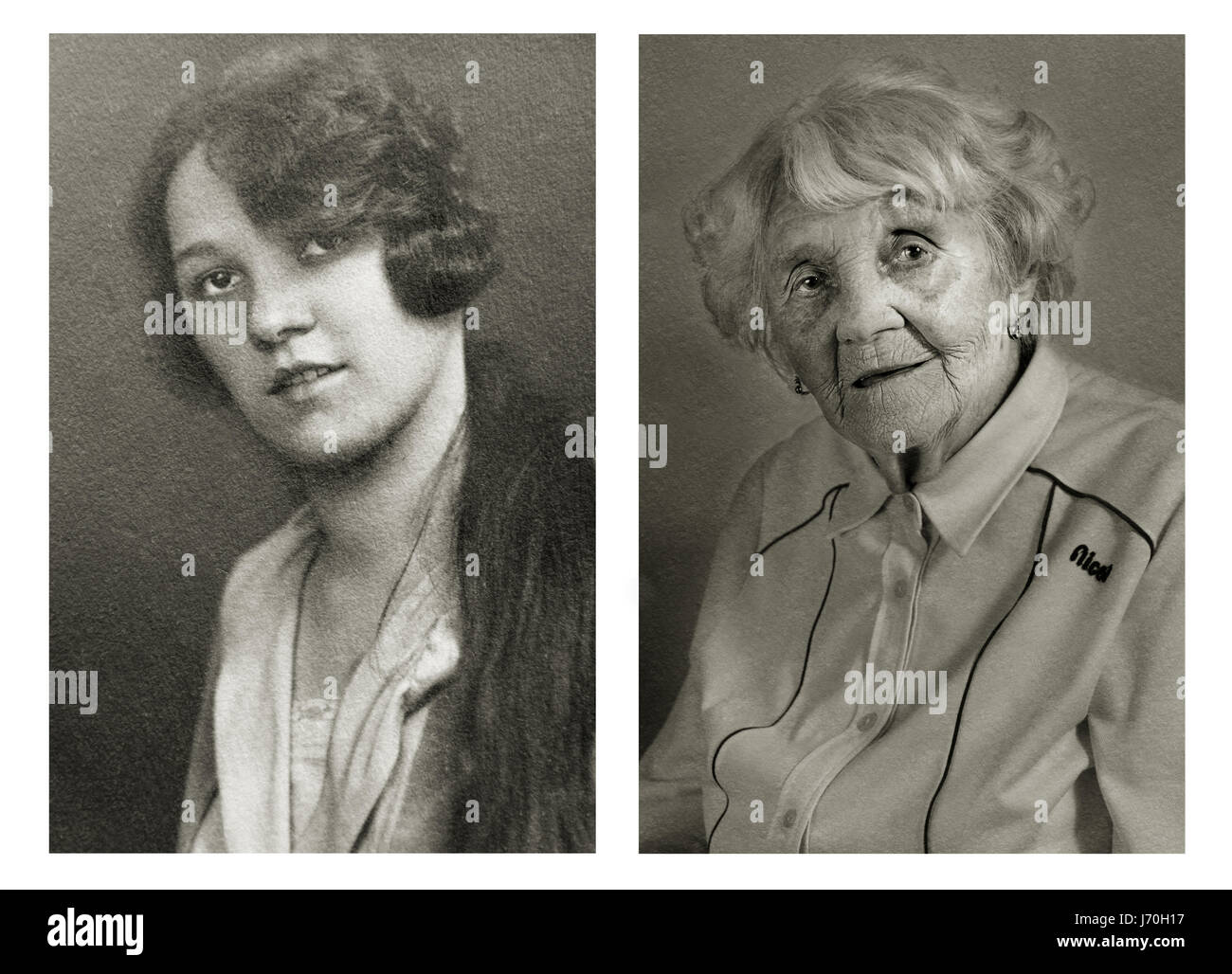 Vlasta Čížková. LEft: 23 years old, right: 101 years old. She was a cook in an airprot dining room and now lives in her own house in the same village as her family. She was in the truck that hit  and killed high-ranking German Nazi official Reinhard Heydrich’s son Klaus in 1943. She was also arrested by communists in 1948.  POIGNANT portraits have posed centenarians alongside their younger selves in a project called Faces of Century. The incredible images tell the unique stories of each person’s life including one woman who was in the truck that hit and killed high-ranking German Nazi official Stock Photo