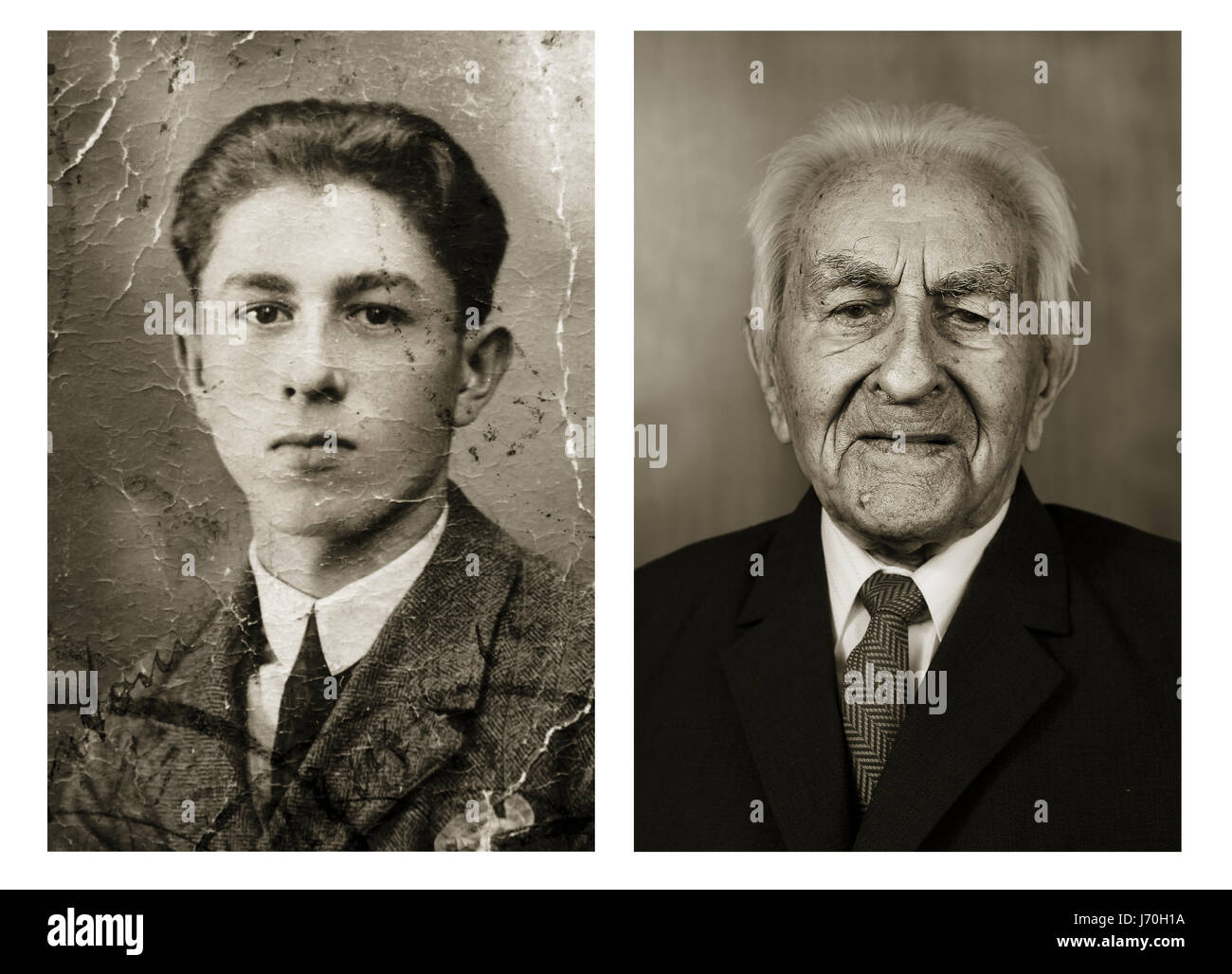 Antonín Baldrman. Left: 17 years old, right: 101 years old. He was a clerk and now lives in a retirement home in Blansko. POIGNANT portraits have posed centenarians alongside their younger selves in a project called Faces of Century. The incredible images tell the unique stories of each person’s life including one woman who was in the truck that hit and killed high-ranking German Nazi official Reinhard Heydrich’s son Klaus in 1943. Another intriguing tale comes from a 101-year-old woman who decided to leave her luxury villa after turning 101 and burnt all material memories of her life includin Stock Photo