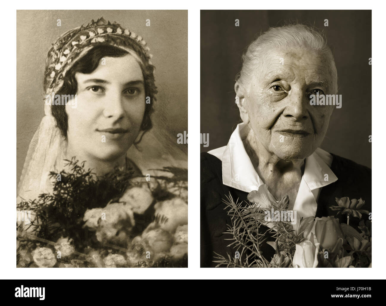 Marie Burešová. Left: 23 years old, right: 101 years old. She was a butcher and now lives in her own flat in Zlin. Her family still visit her every day. POIGNANT portraits have posed centenarians alongside their younger selves in a project called Faces of Century. The incredible images tell the unique stories of each person’s life including one woman who was in the truck that hit and killed high-ranking German Nazi official Reinhard Heydrich’s son Klaus in 1943. Another intriguing tale comes from a 101-year-old woman who decided to leave her luxury villa after turning 101 and burnt all materia Stock Photo