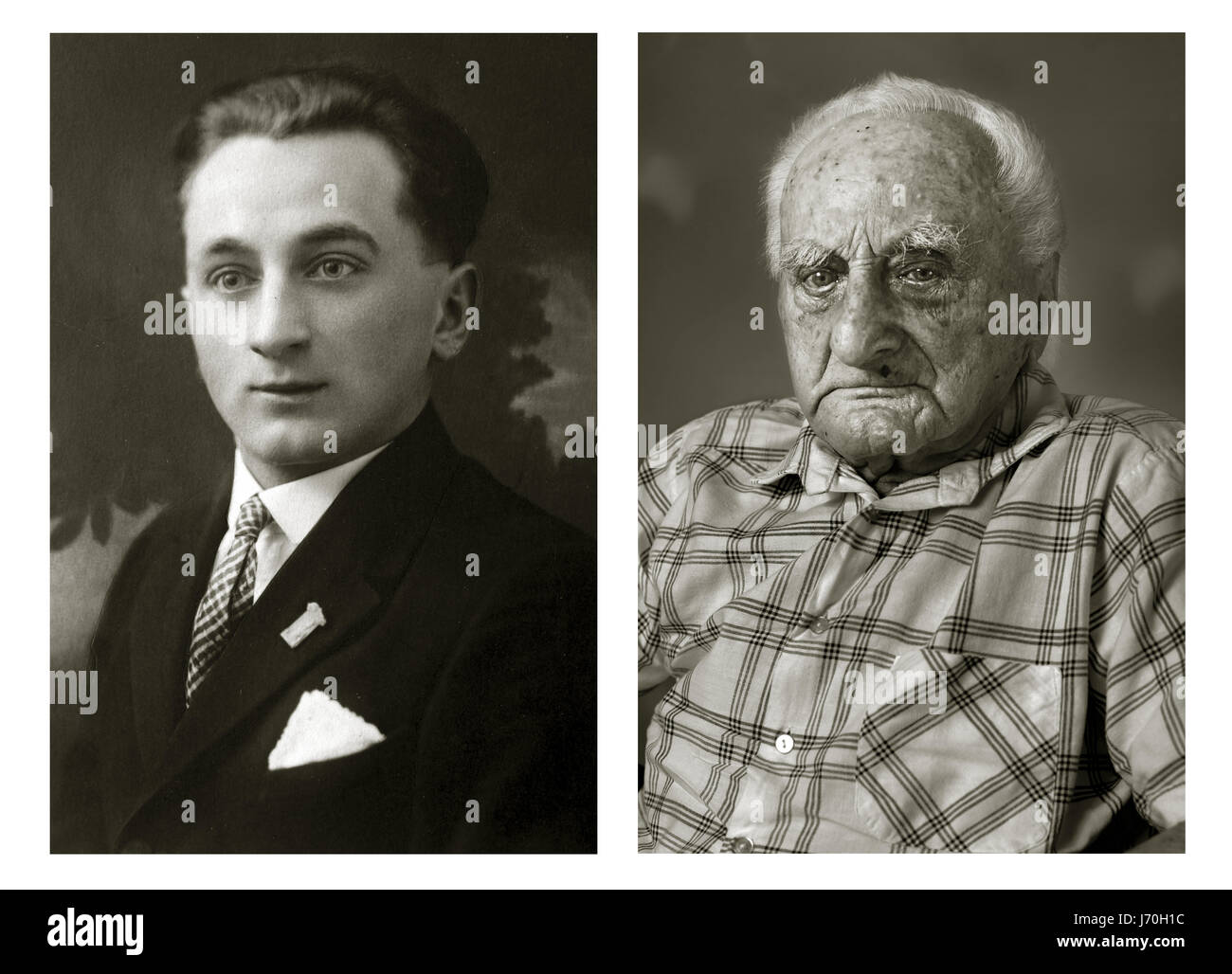 Ludvík Chybík. Left: 20 years old, right: 102 years old. He was a postman and now lives in a retirement home in Zlin. POIGNANT portraits have posed centenarians alongside their younger selves in a project called Faces of Century. The incredible images tell the unique stories of each person’s life including one woman who was in the truck that hit and killed high-ranking German Nazi official Reinhard Heydrich’s son Klaus in 1943. Another intriguing tale comes from a 101-year-old woman who decided to leave her luxury villa after turning 101 and burnt all material memories of her life including le Stock Photo