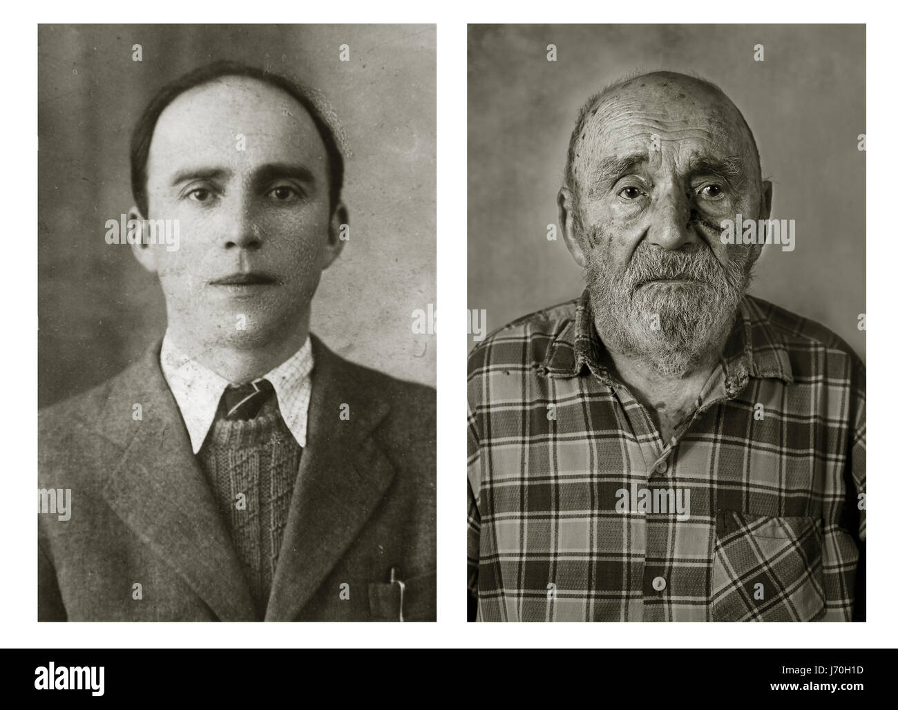 Vincenc Jetelina. Left: 30 years old, right: 105 years old. HE was a construction worker and now lives in his own home in South Moravia village. He spent 8 years in prison for being a district commissioner during WW2. POIGNANT portraits have posed centenarians alongside their younger selves in a project called Faces of Century. The incredible images tell the unique stories of each person’s life including one woman who was in the truck that hit and killed high-ranking German Nazi official Reinhard Heydrich’s son Klaus in 1943. Another intriguing tale comes from a 101-year-old woman who decided  Stock Photo