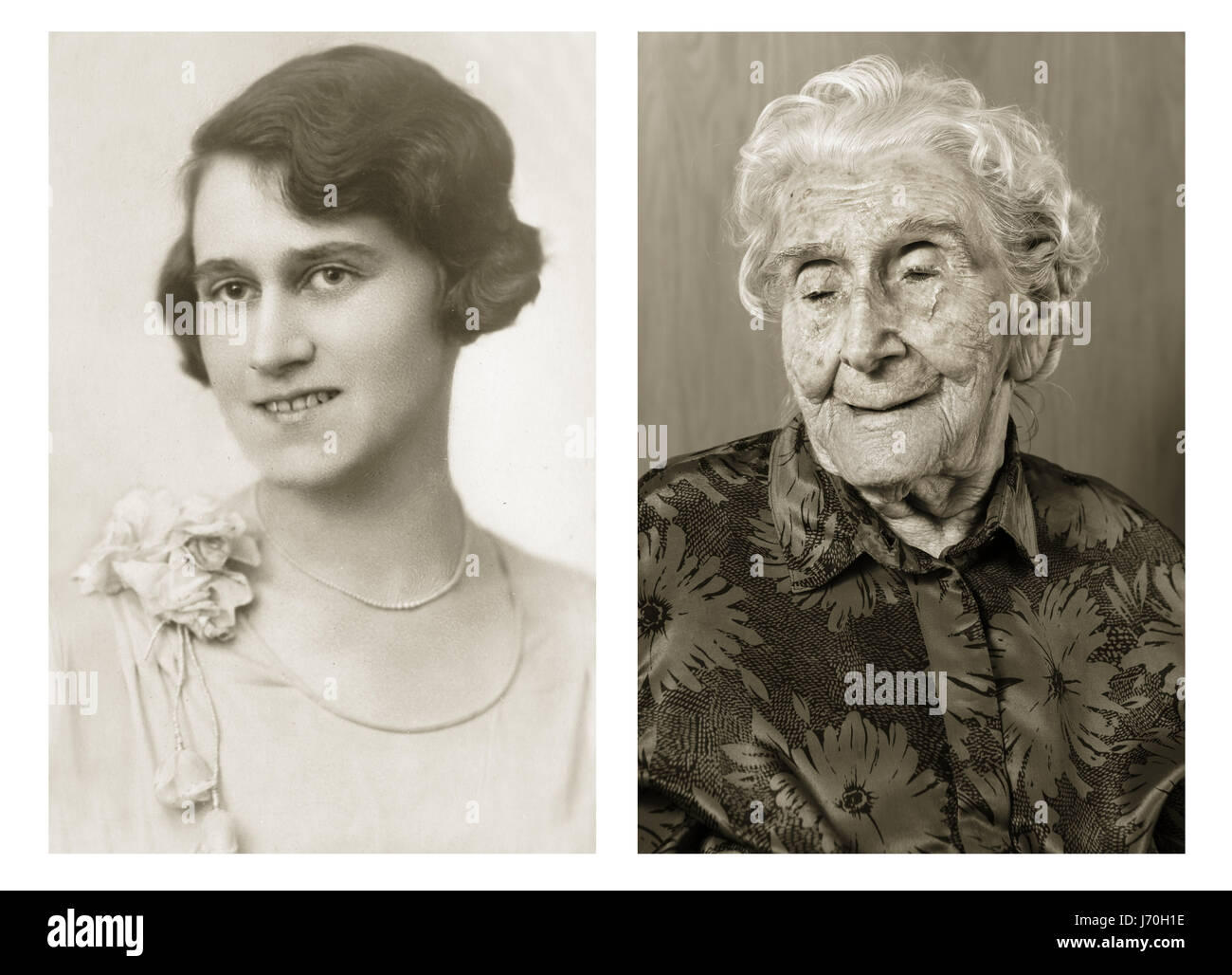 Bedřiška Köhlerová. Left: 26 years old, right: 103 years old. She was an accountant and now lives in retirement home in Brno. She wants to visit Italy one more time. POIGNANT portraits have posed centenarians alongside their younger selves in a project called Faces of Century. The incredible images tell the unique stories of each person’s life including one woman who was in the truck that hit and killed high-ranking German Nazi official Reinhard Heydrich’s son Klaus in 1943. Another intriguing tale comes from a 101-year-old woman who decided to leave her luxury villa after turning 101 and burn Stock Photo
