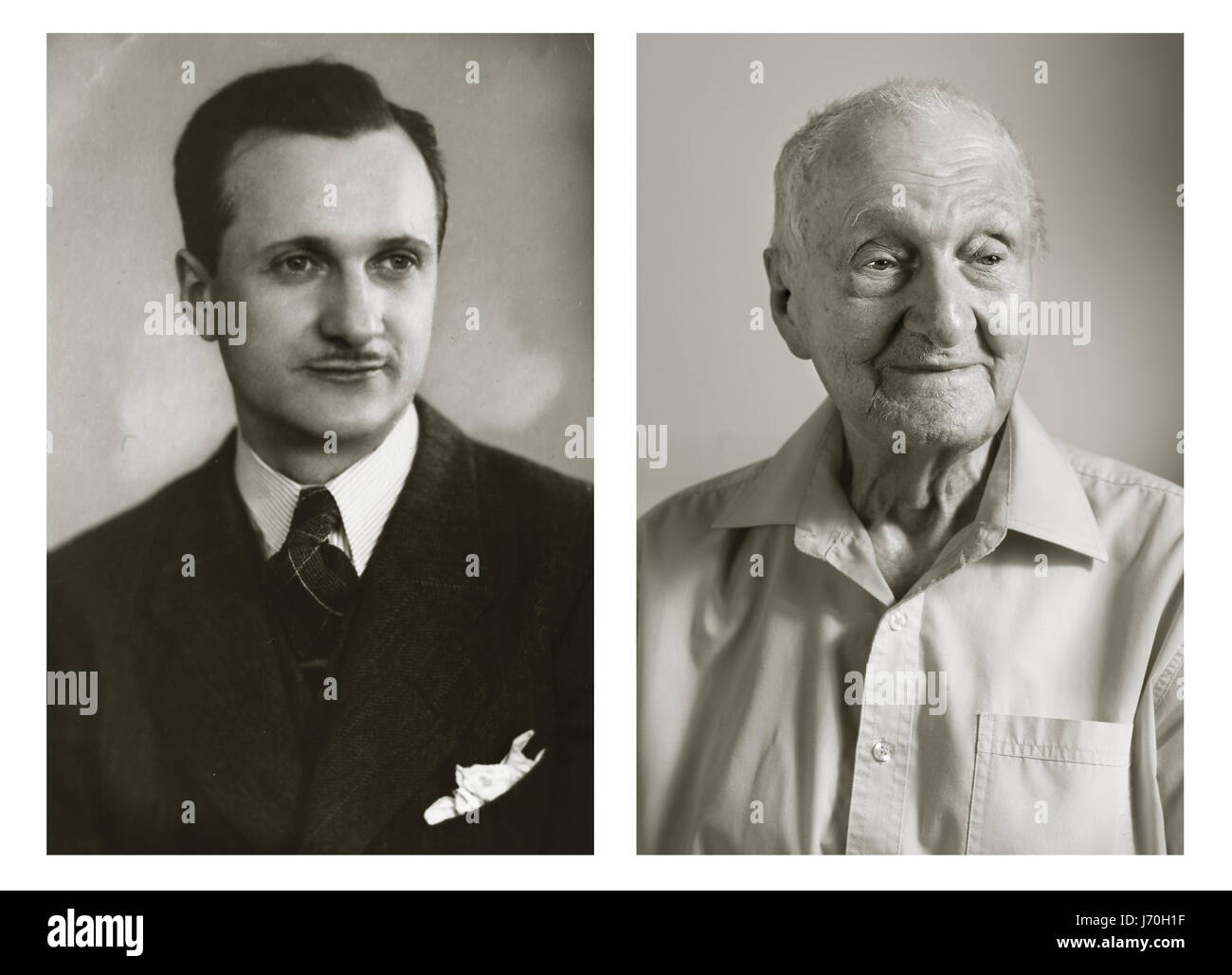Antonín Kovář. Left: 25 years old, right: 102 years old. He was a musician, film maker and driver and now lives in retirement home in Usti nad Labem. He wishes to play the clarinet once again. POIGNANT portraits have posed centenarians alongside their younger selves in a project called Faces of Century. The incredible images tell the unique stories of each person’s life including one woman who was in the truck that hit and killed high-ranking German Nazi official Reinhard Heydrich’s son Klaus in 1943. Another intriguing tale comes from a 101-year-old woman who decided to leave her luxury villa Stock Photo