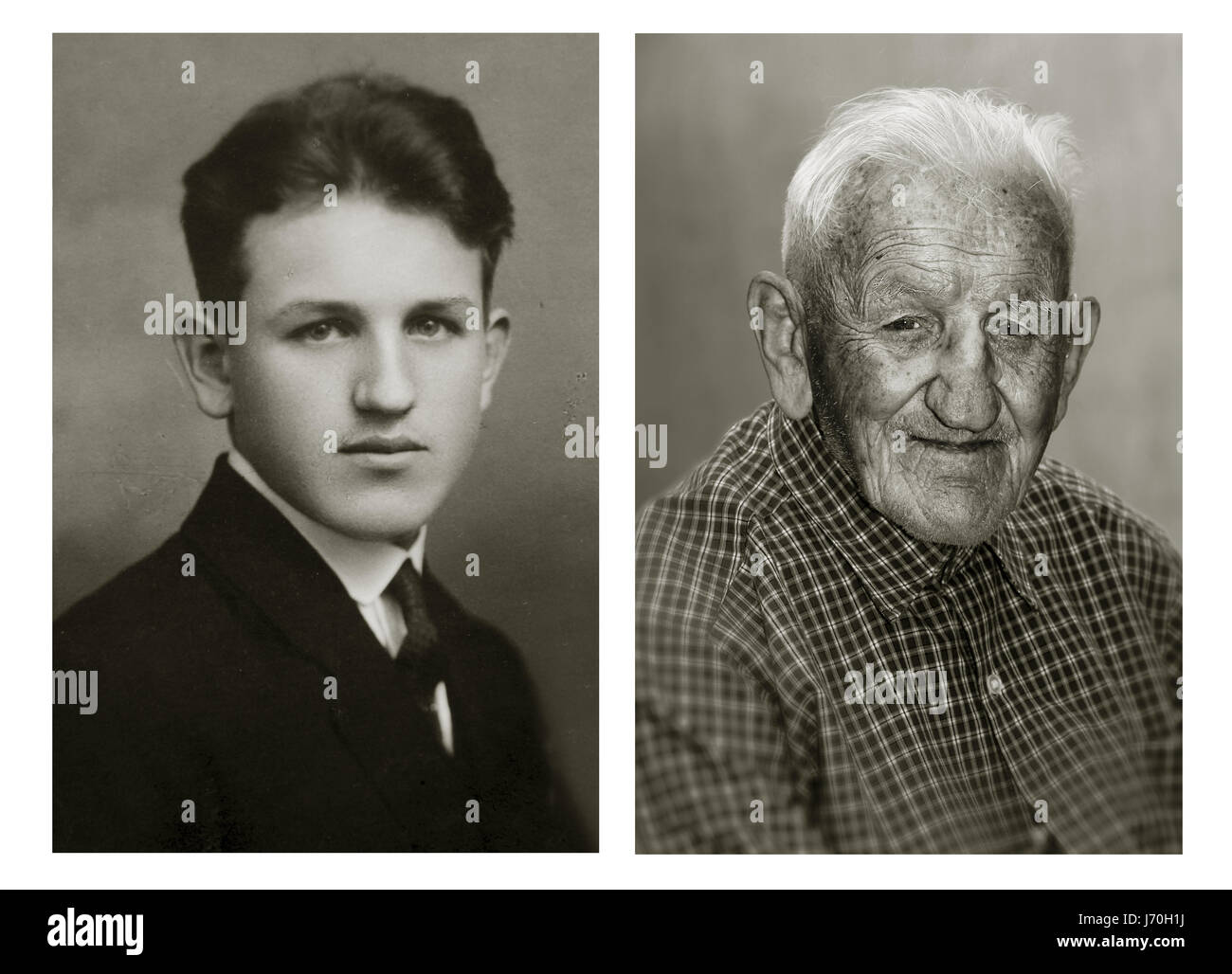 Stanislav Spáčil. LEft: 17 years old, right: 102 years old. He was an electrical engineer and now lives in his own house in South Maoravia village. He thinks it is too early to think about the past. POIGNANT portraits have posed centenarians alongside their younger selves in a project called Faces of Century. The incredible images tell the unique stories of each person’s life including one woman who was in the truck that hit and killed high-ranking German Nazi official Reinhard Heydrich’s son Klaus in 1943. Another intriguing tale comes from a 101-year-old woman who decided to leave her luxury Stock Photo