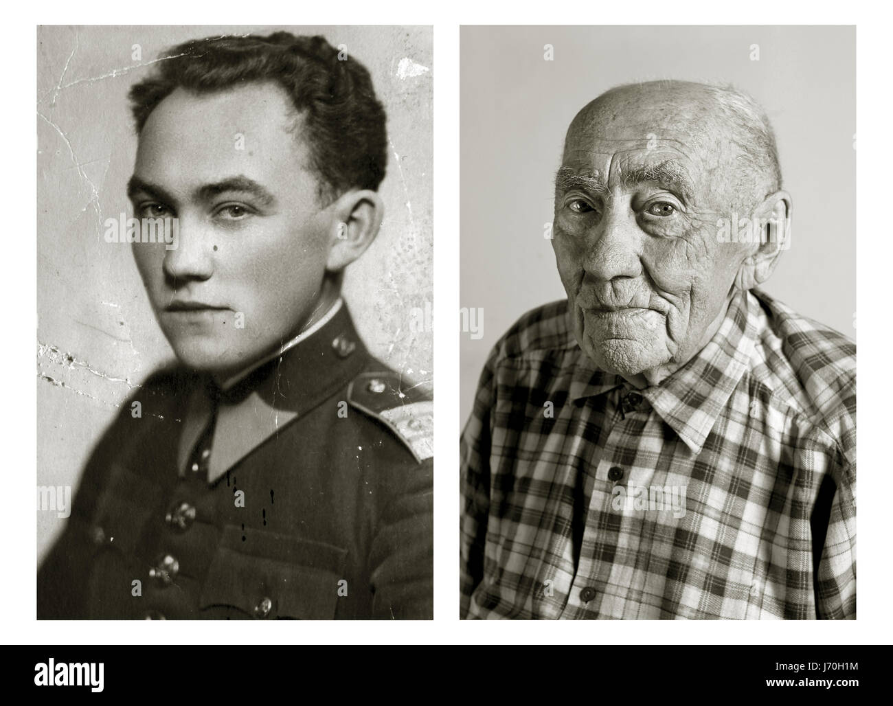 Prokop Vejdělek. Left: 22 years old, right: 101 years old. He was a metallurgical engineer and lives on a family farm with his daughter. POIGNANT portraits have posed centenarians alongside their younger selves in a project called Faces of Century. The incredible images tell the unique stories of each person’s life including one woman who was in the truck that hit and killed high-ranking German Nazi official Reinhard Heydrich’s son Klaus in 1943. Another intriguing tale comes from a 101-year-old woman who decided to leave her luxury villa after turning 101 and burnt all material memories of he Stock Photo