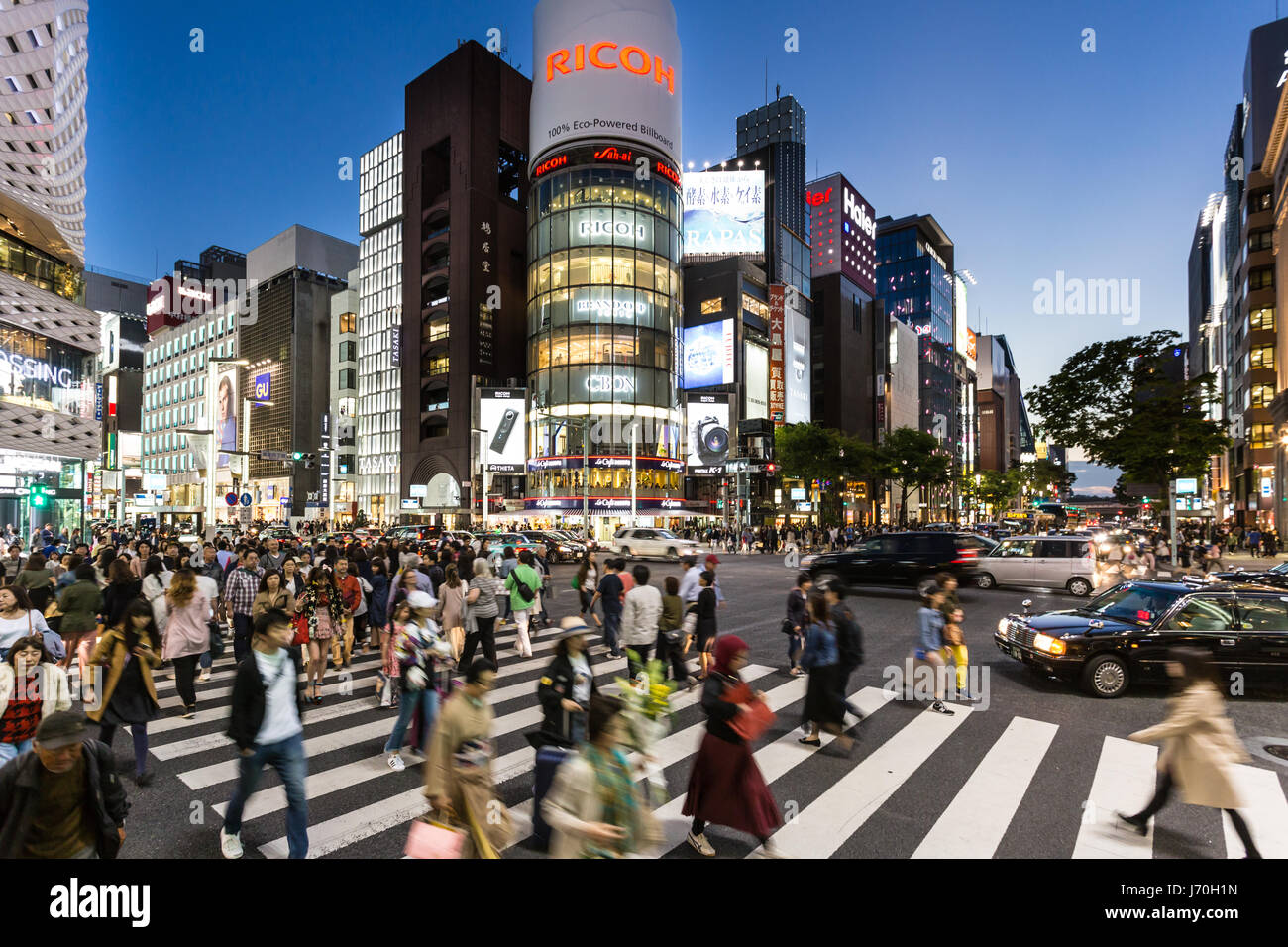 TOKYO - MAY 4, 2017: Pedestrian cross the street in famous luxury shopping district of Ginza in the heart of Tokyo, Japan capital city, at night. Stock Photo