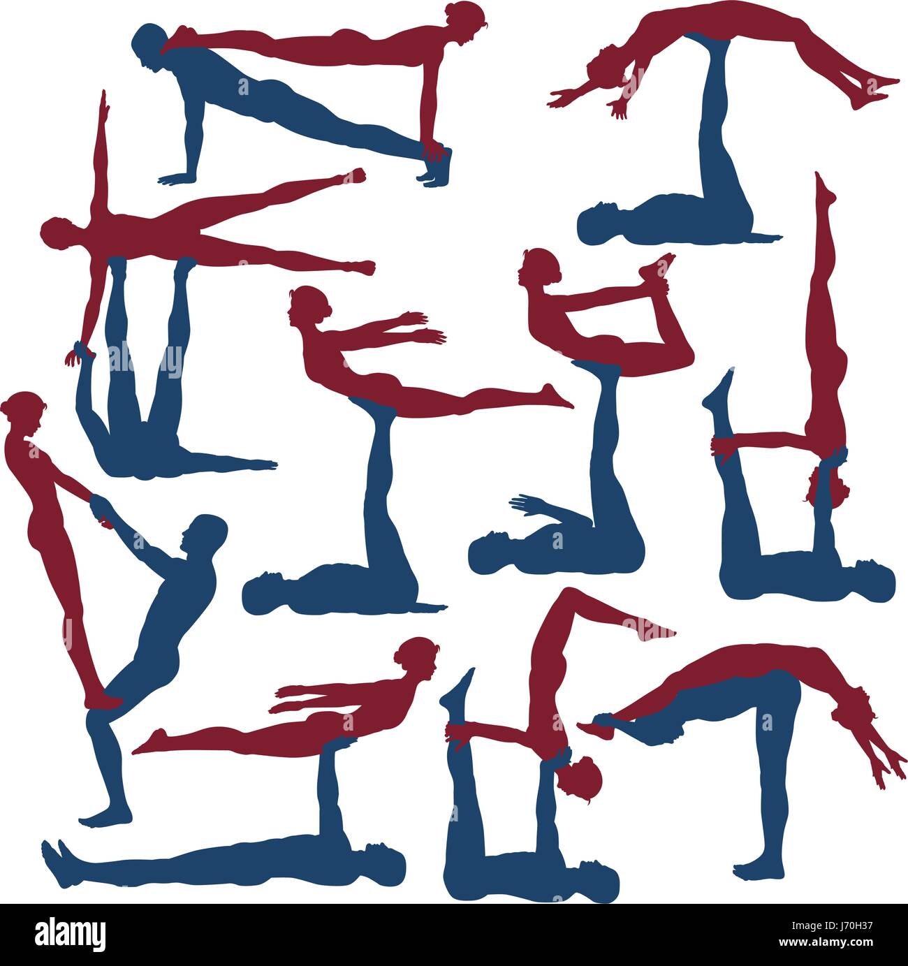 Set of editable vector silhouettes of man and woman in various acroyoga positions Stock Vector
