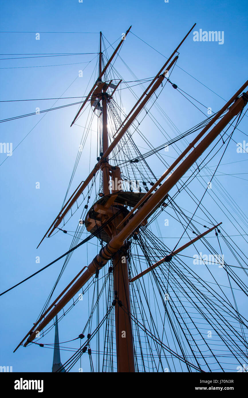 Looking up the mast of HMS Warrior at Portsmouth Historical Docks Stock Photo